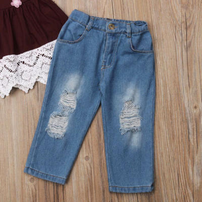 

Canis Toddler Kids Girls Silk Lace Dress Ripped Jeans Denim Outfits Set Clothes