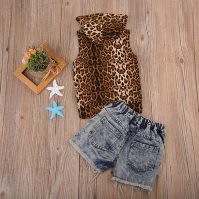 

UK STOCK Baby Girls Leopard Hooded Tops VestDenim Shorts 2pcs Outfits Set 1-7Y