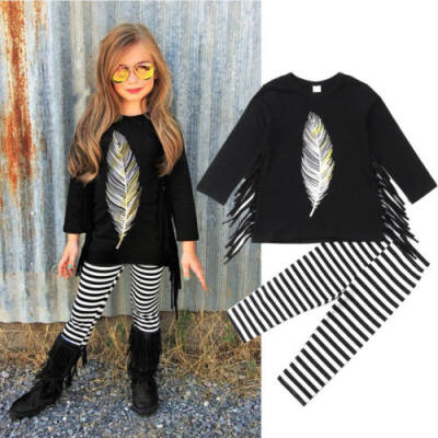 

UK Toddler Baby Kid Girl Outfit Feather T Shirt TopStriped Legging Clothes Set