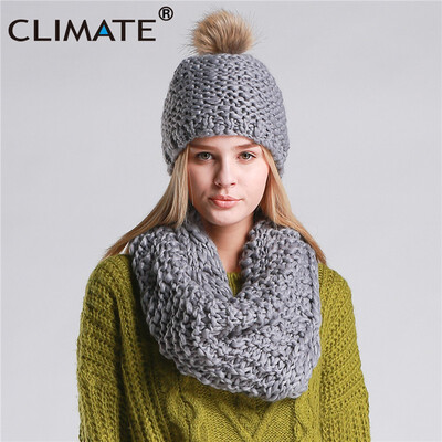 

CLIMATE Women Winter Hat&Scarf Set Warm Lady Collar Pom Beanie Sets Fashion Warm Knit Hat Scarf Set Women Comfortable Scarf