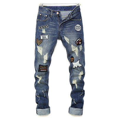 

New Mens Slim Runway Straight Denim Pants Destroyed Ripped Trousers Jeans