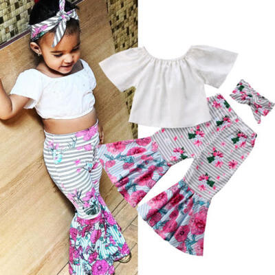 

3Pcs Kids Baby Girls Off Shoulder Tops Wide Leg Pants Headband Outfits Clothes