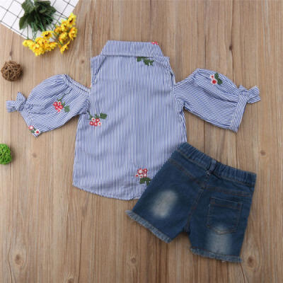 

Kids Baby Girls Off Shoulder Striped Tops T-shirt Denim Pants Outfit Set Clothes