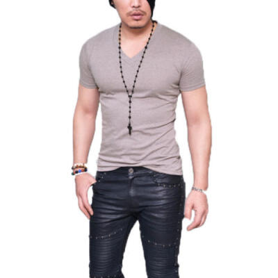 

New Mens T Shirt Slim Fit V-Neck Muscle Top Short Sleeve Summer Gym