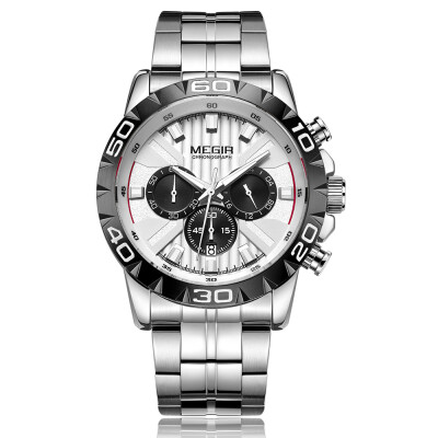 

MEGIR 2087 Men Watch Quartz Sport Simple Wristwatch Stainless Steel Strap 3ATM Waterproof Calendar Chronograph Luminous Hands Fash