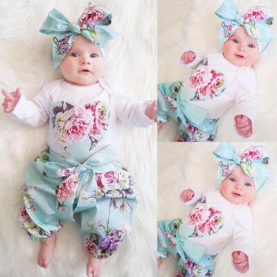 

Newborn Baby Girls Floral Cotton Tops Romper Pants Headband Outfits Clothes UK