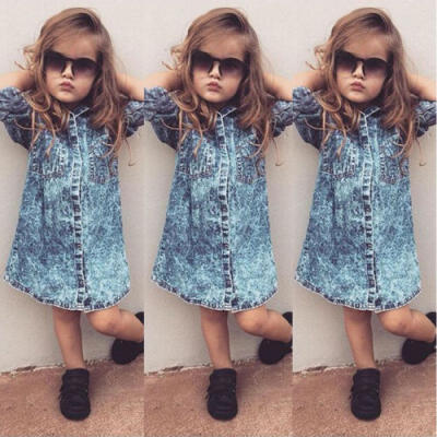 

New Toddler Baby Girl Kids 34 Sleeve Princess Dress Party Dresses Denim Outfit