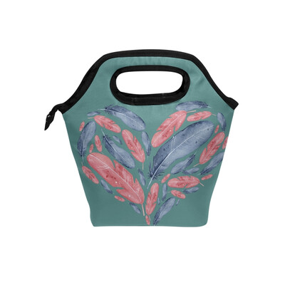 

Lunch Bag Feather Heart Tote Travel Picnic Insulated Handbags Portable Zipper Lunch Bag Box