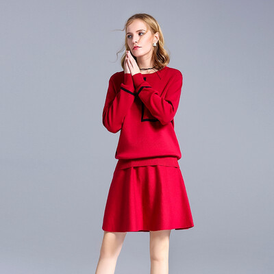 

Women Wool Suit Knit Crew Neck Sweater Two-piece Suit Skirt