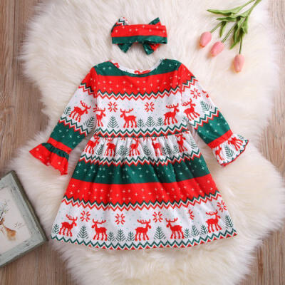 

US Stock Toddler Baby Girls Snowflake Christmas Cartoon DressesHeadband Clothes