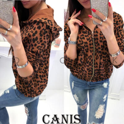 

Fashion Women Leopard Print Jacket Coats Zip Up Biker Flight Casual Top Outwear