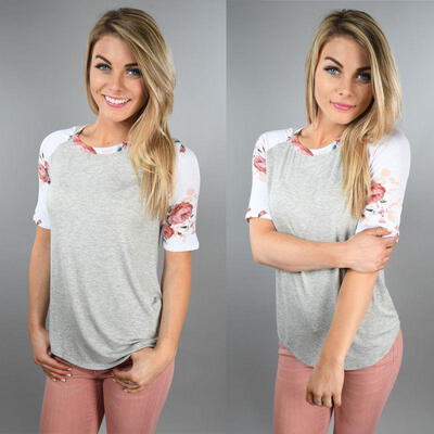 

WXFUS Fashion Summer Women Floral T-Shirts Casual Short Sleeve Tee Shirt Blouse