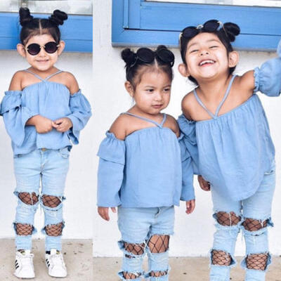 

UK Stock Newborn Kids Baby Girls Off Shoulder Tops Denim Pants Hole Jeans Outfit