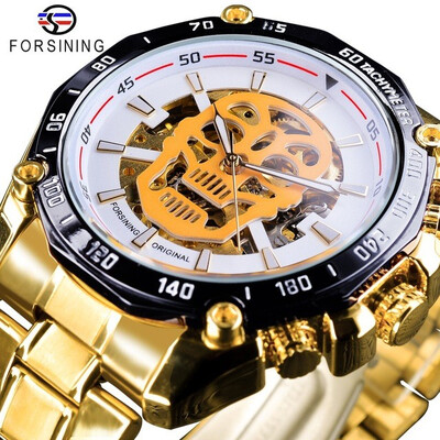 

Forsining 3D Skull Transparent Golden Stainless Steel Luminous Design Mens Automatic Sport Watch Top Brand Luxury Skeleton Clock