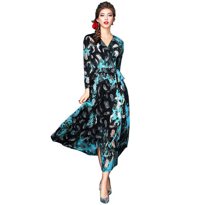 

Fashion Long Sleeves V Collar Print Dress