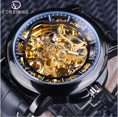 

Forsining Royal Flower Carving Gear Golden Openwork Black Genuine Leather Mens Mechanical Watch Top Brand Luxury Male Clock