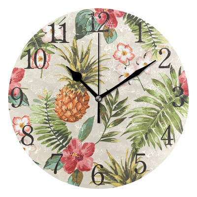 

Wall Clock Arabic Numerals Design Tropical Flowers With Pineapple Round