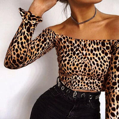 

New Women Off Shoulder Casual Slim Crop Top Leopard Print Tank Top Fashon Blouse