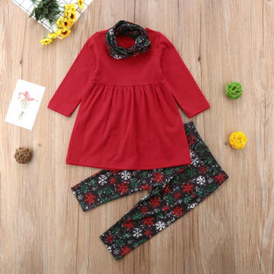

3PCS Kids Baby Girls Xmas Outfits Clothes Snowman Dress TopsPolka Dot Pants Set