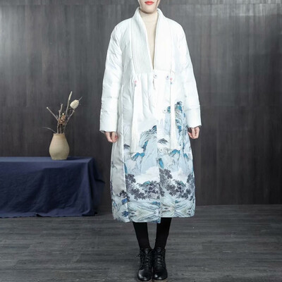 

New down jacket winter national wind ink printing knit collar stitching tassel long over-the-knee coat