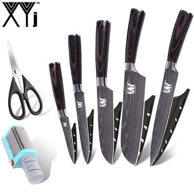 

XYj Stainless Steel Kitchen Knives Gift Covers 5 PCS Damascus Veins Kitchen KnifeElectric Knife Sharpener Kitchen Scissor