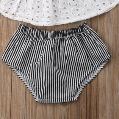 

UK Newborn Baby Girls Lace Off Shoulder Top Stripe Shorts 3Pcs Outfits Sunsuit