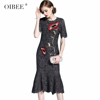 

OIBEE2018 autumn womens new fashion retro embroidered cheongsam lace long short-sleeved dress