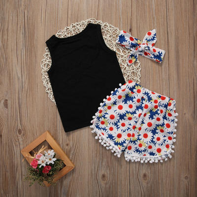 

Summer Kids Girls Clothes Vest Tops Floral Short Pants Headband 3pcs Outfits Set