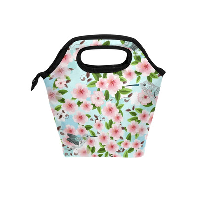 

Lunch Bag Flower And Birds Tote Travel Picnic Insulated Handbags Portable Zipper Lunch Bag Box