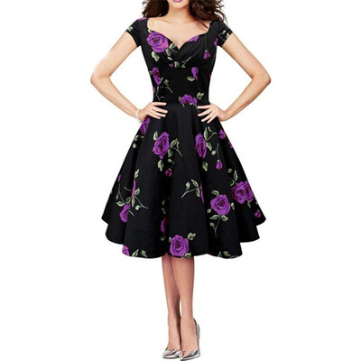 

Women Vintage Dress Rockabilly Swing Retro Rose Floral Ball Gown Party Prom Plus Size Cotton Dress