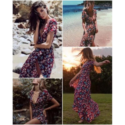 

Women Sexy Floral Rose Bohemian Boho Long Maxi Dress Sundress Travel Beach Dress