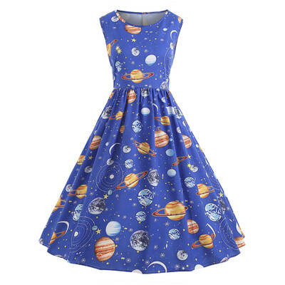 

Vintage Round Collar Sleeveless Planet Print Women A-line Dress