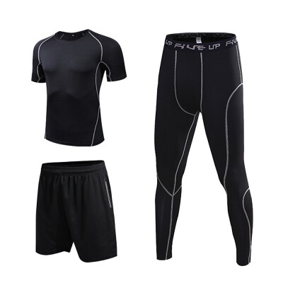 

Men Compression Sports Set 3 Pack with Compression T-shirt Loose Fitting Shorts Tight Leggings Pants For Running Cycling Basketbal