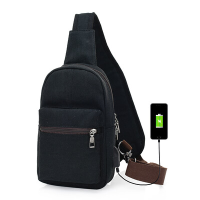 

Canvas Sling Backpack with USB Charging Port&Headphone Holes Casual Chest Travel Bag Shoulder Pack