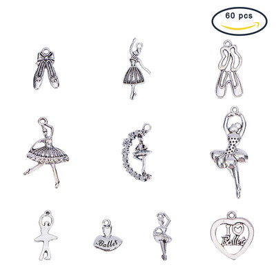 

PH PANDAHALL 60 Pieces 10 Style Antique Silver Tibetan Alloy Ballerina Ballet Dancer Charms Pendants Beads