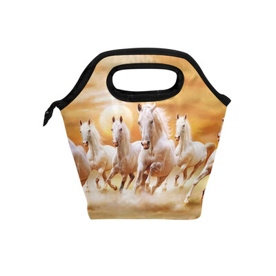 

Lunch Tote Bag Running Horses Travel Picnic Insulated Lunch Handbags Portable Zipper Lunch Bag Box