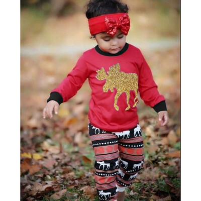 

Kids Boys Girls Christmas Family Look Pajamas Reindeer Family Matching Outfit Father Mother Kids Baby T-shirt Pants Set Red