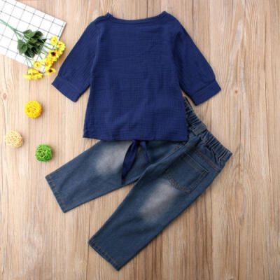 

Kid Baby Girl Bandage Tops Denim Jeans Frayed Pants Ripped Trousers 2Pcs Clothes