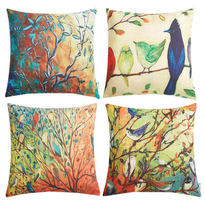 

UpperX 4pcs Oil Painting Vivid Birds Stands on Trees Branch Decorative Throw Pillow Covers 18 x 18 Inch for Sofa Couch Decor bird