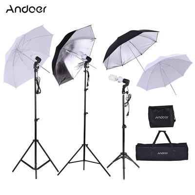 

Andoer Photo Studio Kit 2 2m Light Stand 3 45W Bulb 2 83cm Translucent White Soft Umbrella 2 83cm Black&Silver Umbrel