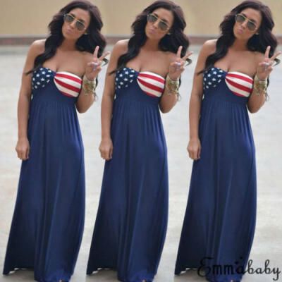 

4th Of July American Flag Women Sleeveless Long Maxi Beach Dress Sundress Hot