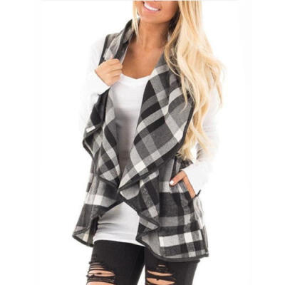 

Womens Collar Waistcoat Plaid Jacket Duster Coats Ladies Outwear Loose Cardigan