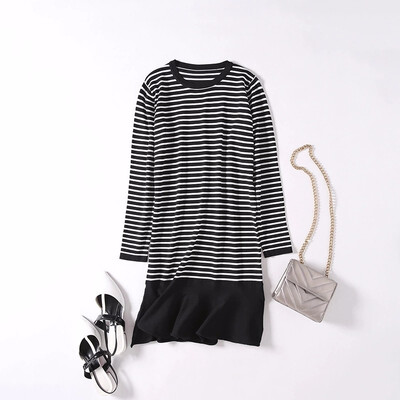 

Striped Midi Skirt Stitching Round Neck Long Sleeve Mid-length Dress
