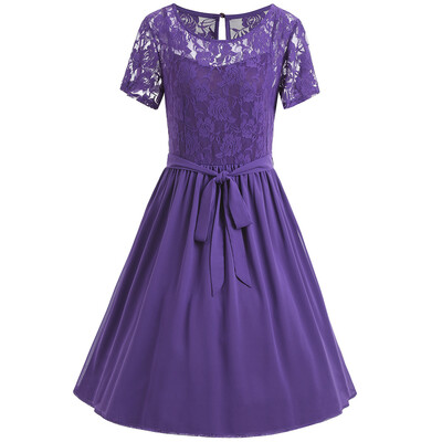 

Plus Size Lace Panel Belted Flowy Dress