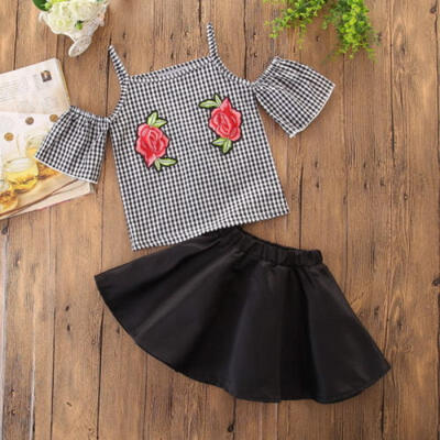 

2PCS Set Girls Dress Kid Baby Toddler Flower Lattice TopsSkirt Outfits Clothes