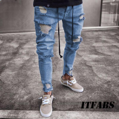 

Mens Slim Skinny Stretch Jeans Distressed Ripped Jeans Freyed Biker Denim Pants