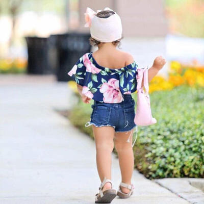 

US Newborn Baby Girl Floral Off Shoulder Tops T-shirt Denim Shorts Pants Clothes