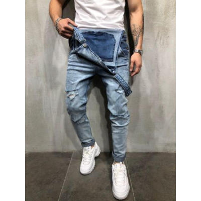 

Mens Distressed Denim Carpenter Overalls Bib Jumpsuits Moto Biker Jean Pants UK