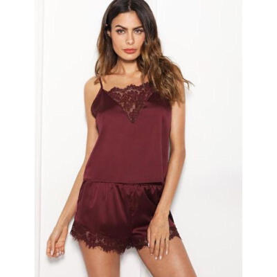 

Womens Sleeveless Spaghetti Strap Nightwear Lace Trim Satin Cami Top Pajama Set