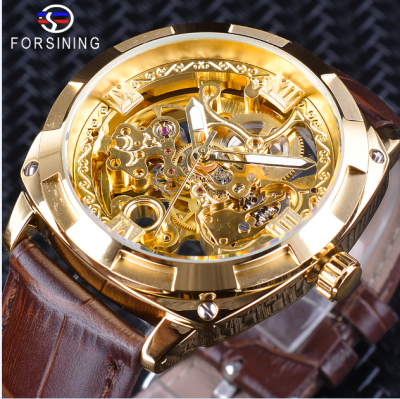 

Forsining Skeleton Clock Brown Genuine Leather Water Resistant Automatic Self-winding Watches for Men Sports Watches